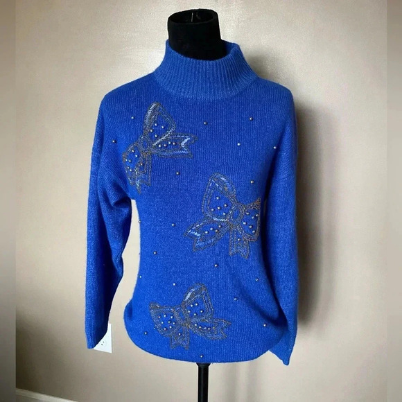 DANA SCOTT royal blue vintage mock neck sweater 80s beaded BOWS silk angora sz M - Picture 2 of 12